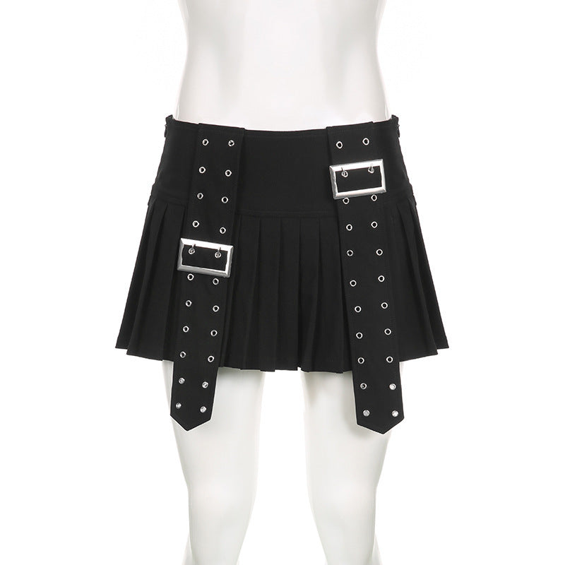 American Heavy Industry Design Pleated Skirt Japanese Buckle Stitching Low Waist A- Line Style