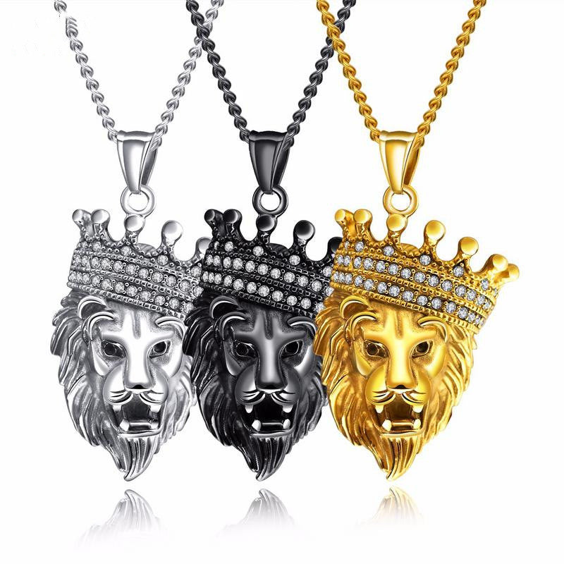 Hip Hop Trendy Men's Necklace With Diamonds for Men, Crown Lion Head Titanium Steel Pendant