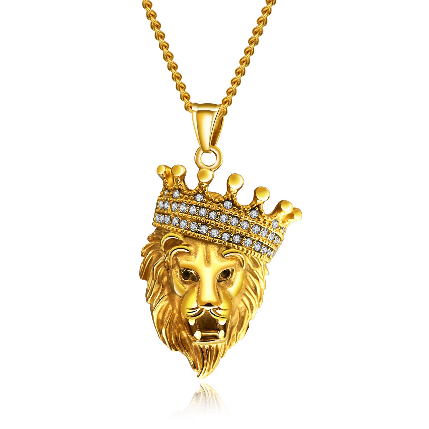 Hip Hop Trendy Men's Necklace With Diamonds for Men, Crown Lion Head Titanium Steel Pendant