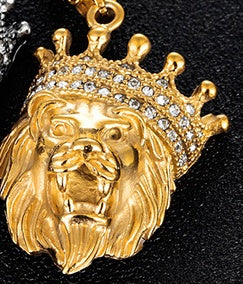 Hip Hop Trendy Men's Necklace With Diamonds for Men, Crown Lion Head Titanium Steel Pendant