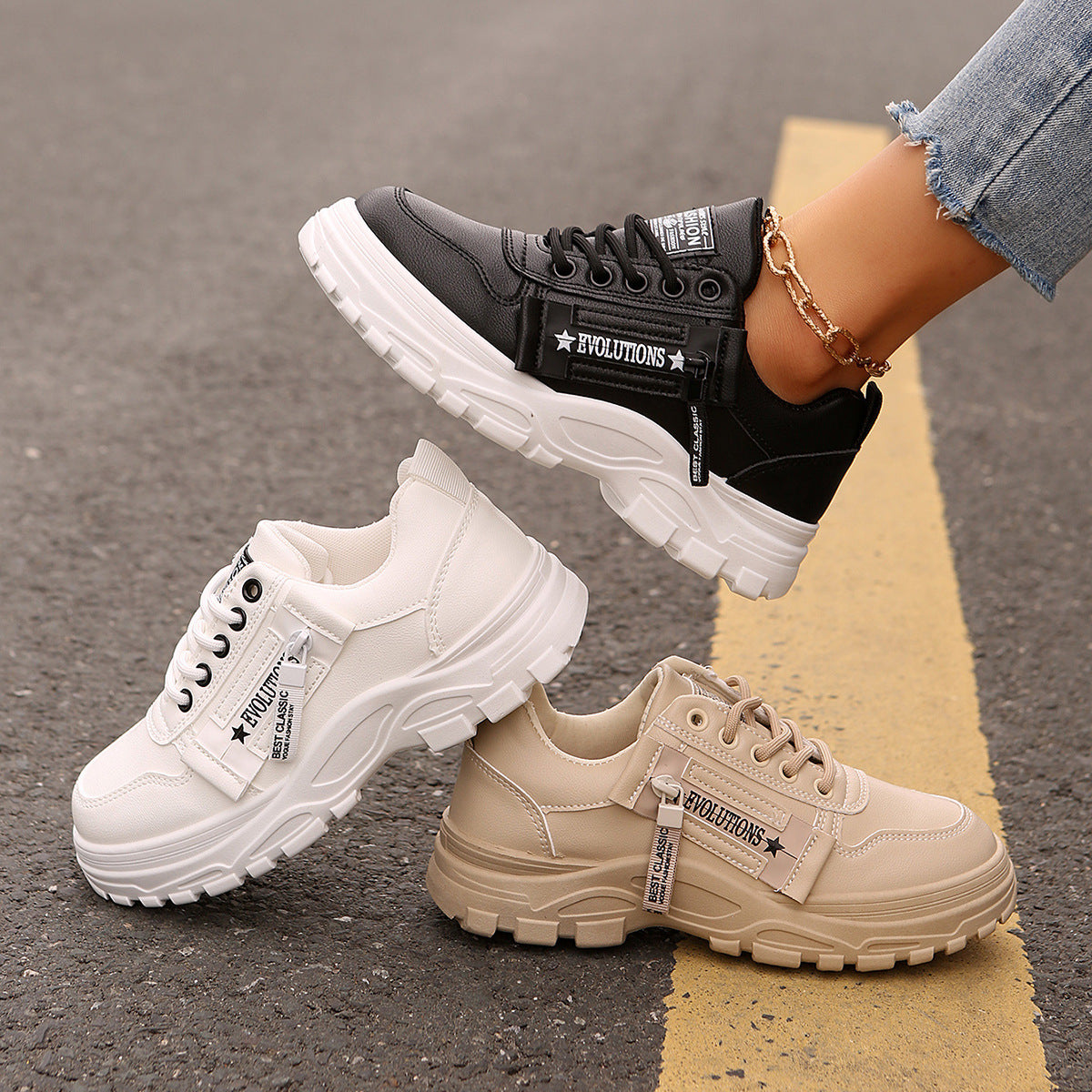 Lace-up Sports Shoes With Side-Zipper Design Fashion Thick-soled Round-toe Casual Shoes For Women Sneakers