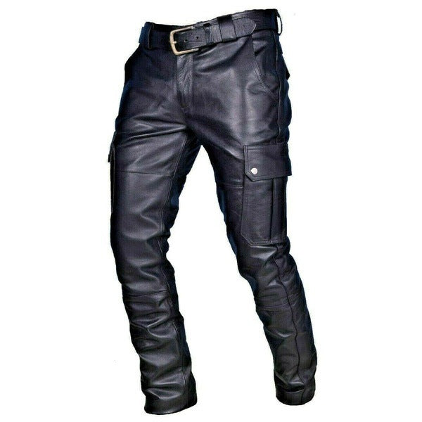 Fashion Solid Color PU Strap Casual Men's Leather Pants