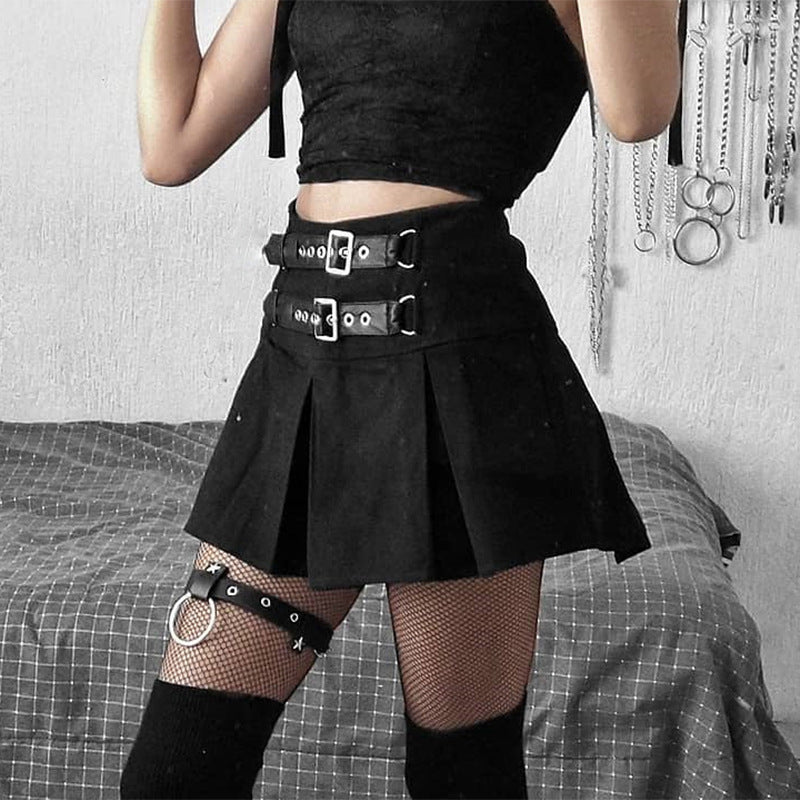 Leather buckle high waist fashion pleated skirt