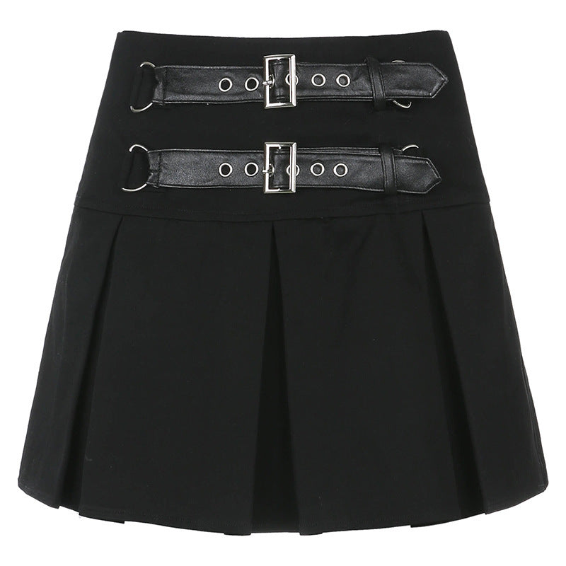 Leather buckle high waist fashion pleated skirt