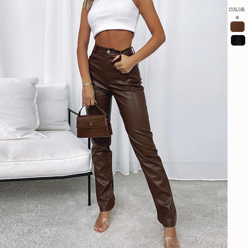 Simple High Waist PU Leather Trousers Casual Pants