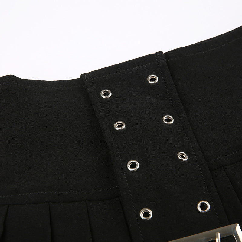 American Heavy Industry Design Pleated Skirt Japanese Buckle Stitching Low Waist A- Line Style