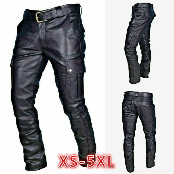 Fashion Solid Color PU Strap Casual Men's Leather Pants