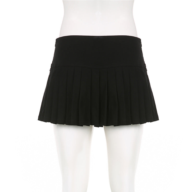 American Heavy Industry Design Pleated Skirt Japanese Buckle Stitching Low Waist A- Line Style