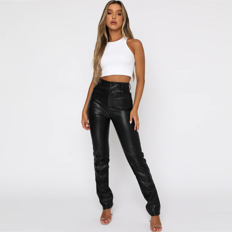 Simple High Waist PU Leather Trousers Casual Pants